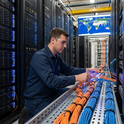 Técnico configurando cabeamento de rede em data center